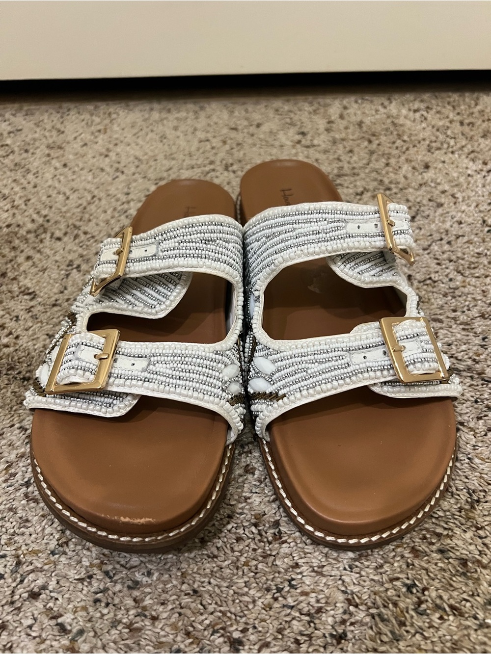 House of Harlow 1960 White Beaded Double Buckle Slide Sandals